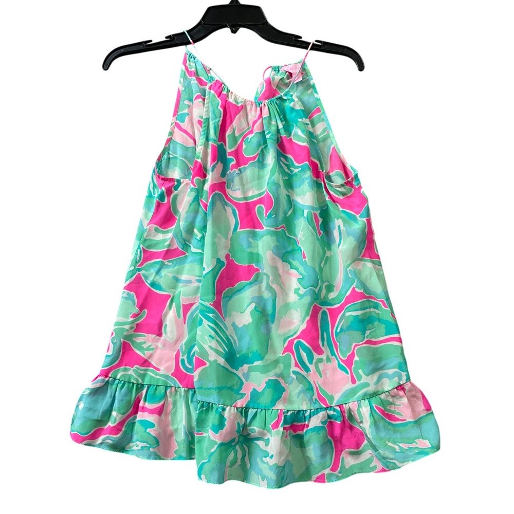 Lilly Pulitzer Medium Millie 100% Silk Cami Top Pink Sands Print Ruffled Hem